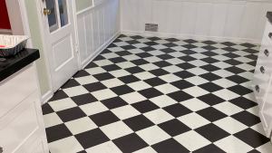 Forbo-10-inch-black-and-white-tile-install-2 VCT Install